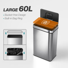 HOMCOM 60 L Sensor Can, Sensor Bin with Soft-Close Lid, Fingerprint-Proof Stainless Steel, Silver Tone
