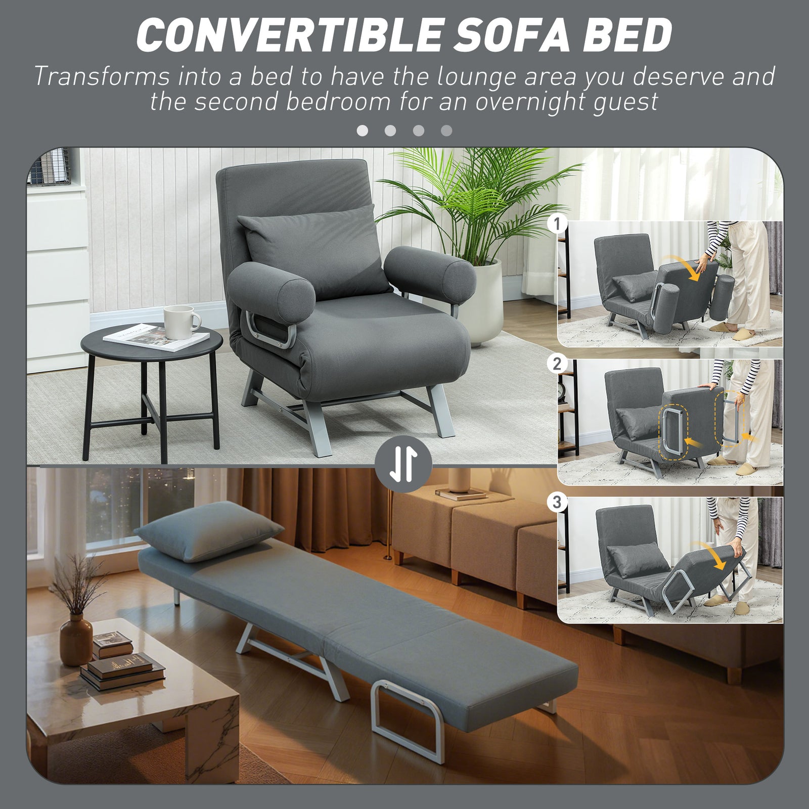 HOMCOM Single Sofa Bed, 3-in-1 Convertible Folding Chair Bed with Adjustable Backrest, Removable Armrests, Dark Grey