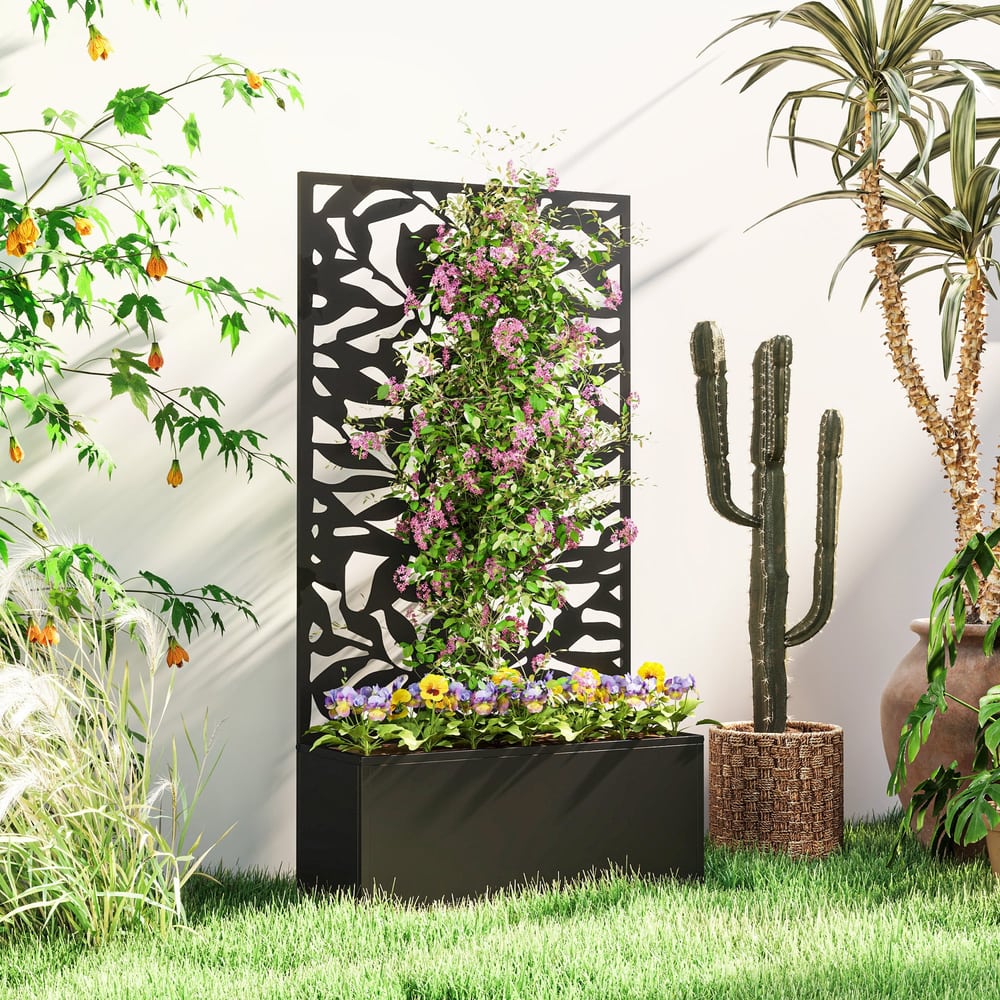Outsunny Metal Garden Bed with Trellis, Wall Mounted or Freestanding Raised Planter with Privacy Panel, Black - product image