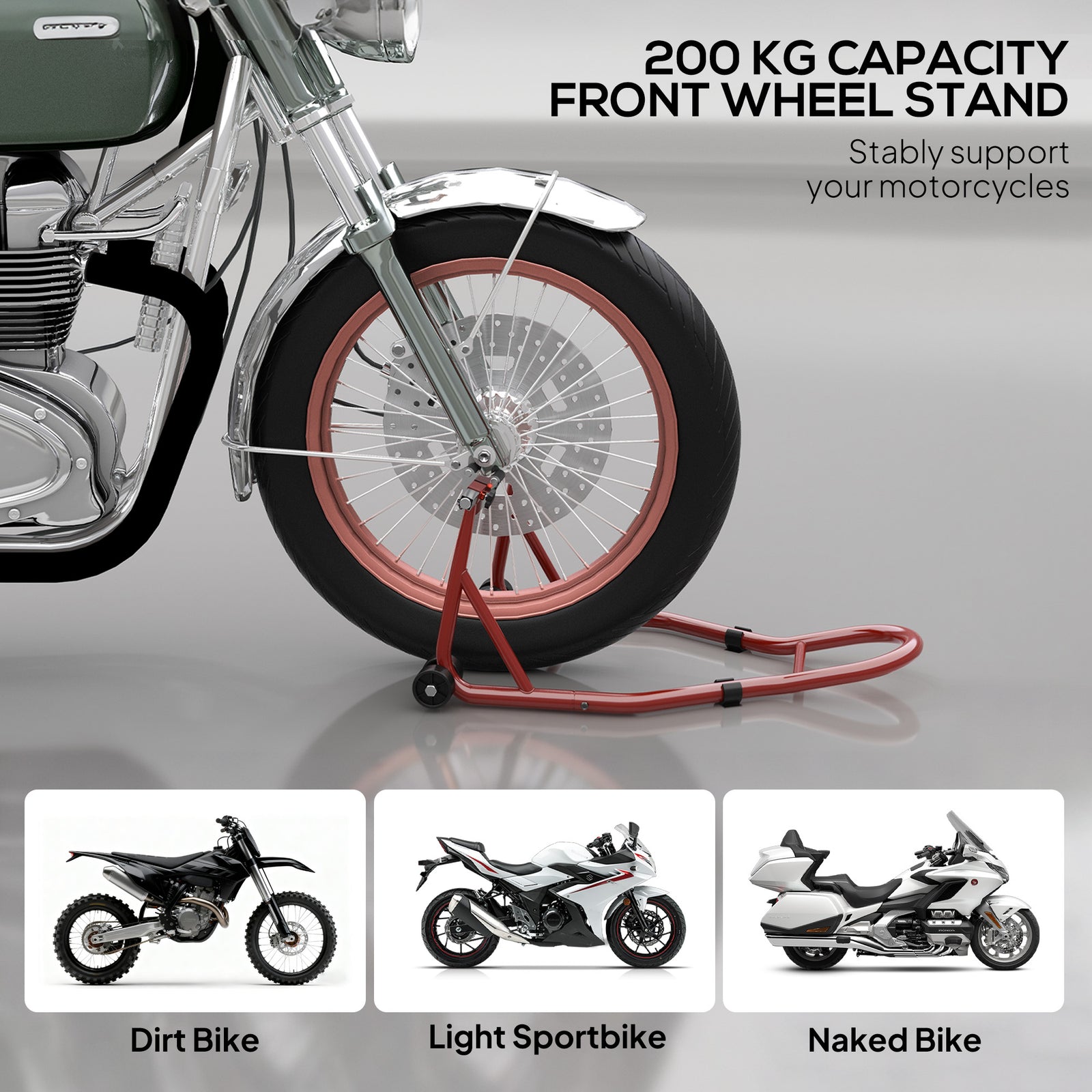 HOMCOM Front Motorcycle Paddock Stand Motorbike Stand with Anti-Slip Mat, Adjustable Pin and Swingarm Spool Adaptors, 200 kg Capacity, for 18", 17" and 10" Tyre, Red