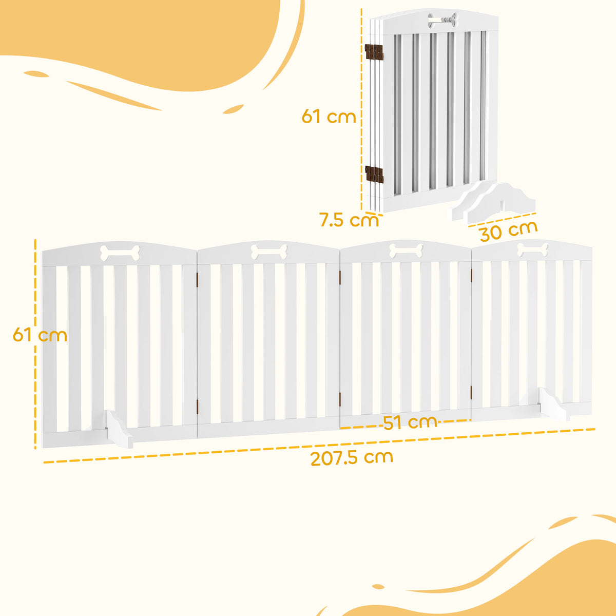 PawHut Wooden Dog Gate, Freestanding Pet Gate with Support Feet for Doorways, Hallways, Stairs, 207.5L x 61H cm, White