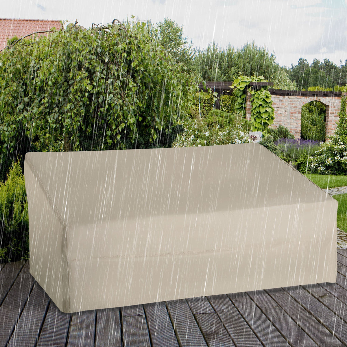 Outsunny 600D Oxford Cloth Garden Furniture Cover Waterproof, 3 Seater Sofa Protector for Patio, Outdoor, Beige, 218 x 111 x 63-101 cm