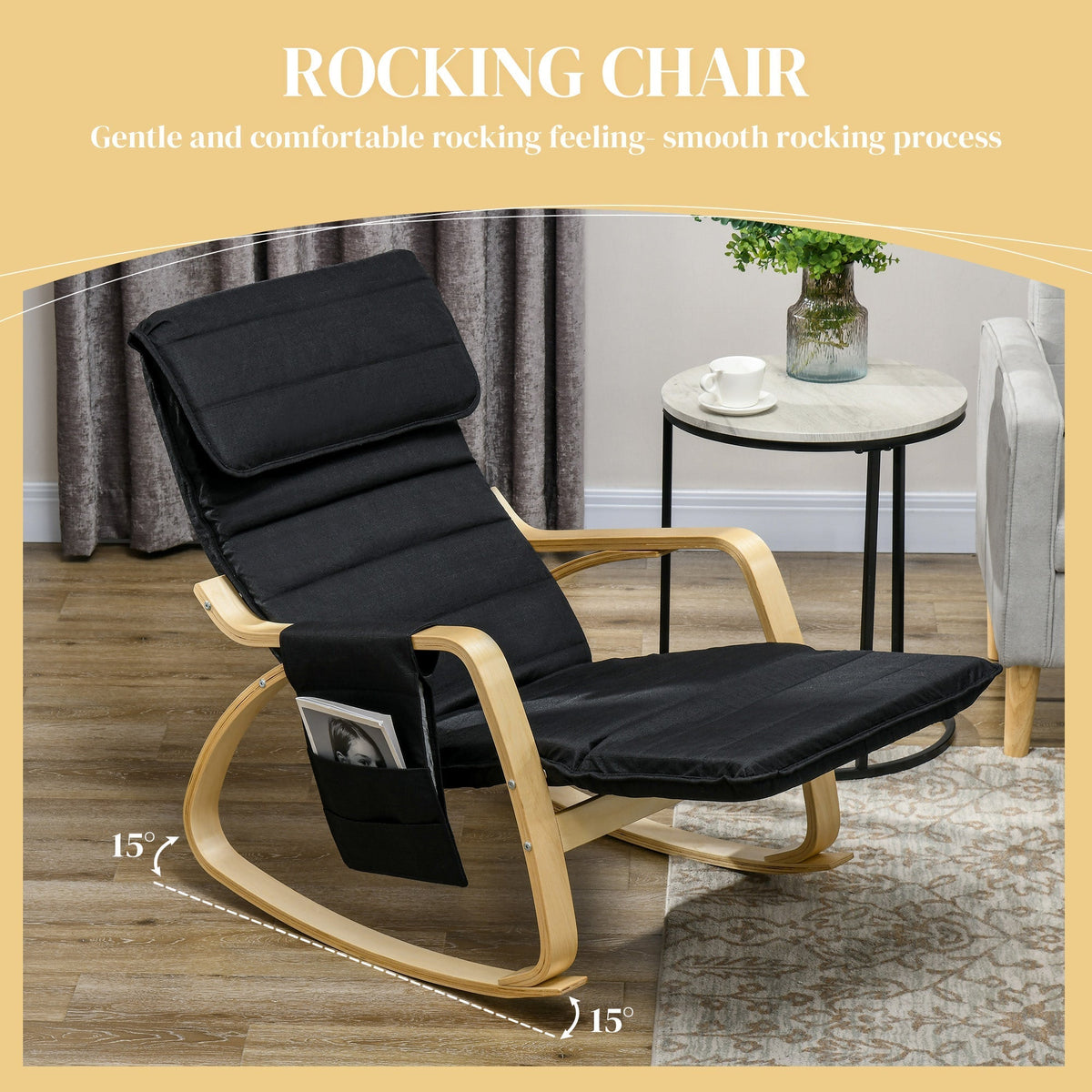 HOMCOM Rocking Lounge Chair Recliner Relaxation Lounging Relaxing Seat with Adjustable Footrest, Side Pocket and Pillow, Black