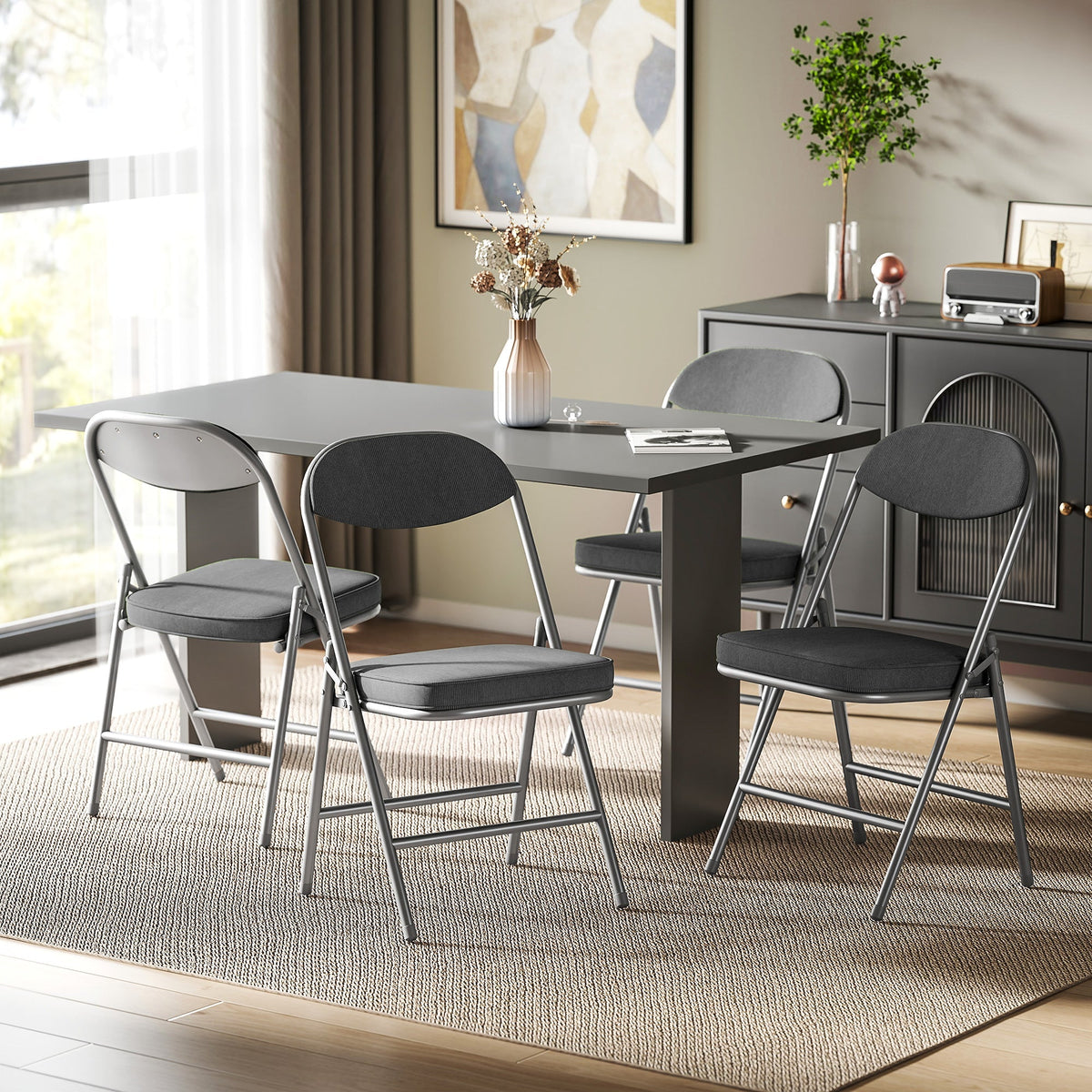 HOMCOM Set of Four Folding Corduroy Seat Chairs - Dark Grey