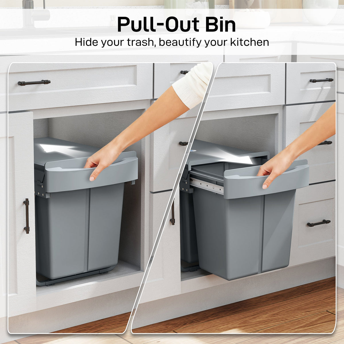 HOMCOM Pull Out Bin, Kitchen Under Sink Bin with 2 Removable Compartments, Smooth Glide, Grey