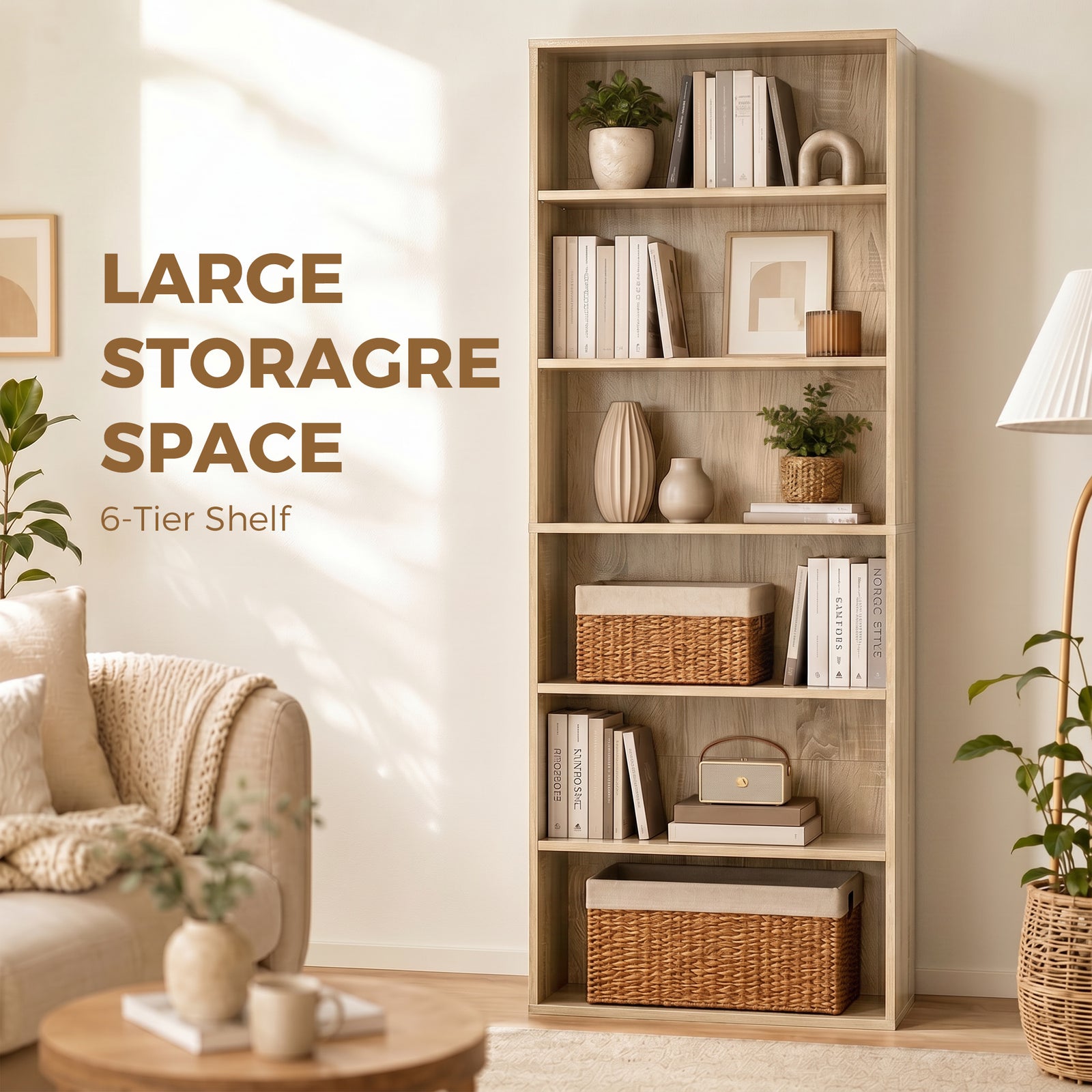 HOMCOM Six Shelf Bookcase - Oak