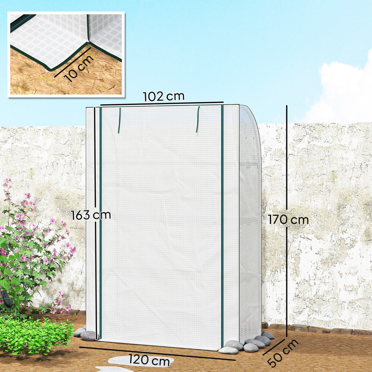 Outsunny Mini Greenhouse with Reinforced PE Cover, Portable Indoor Outdoor Green House with Roll-up Door, 170 x 120 x 50cm, White