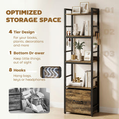 HOMCOM 4-Tier Bookshelf, Narrow Bookcase with Drawer, 8 Hooks, Metal Frame, Rustic Brown