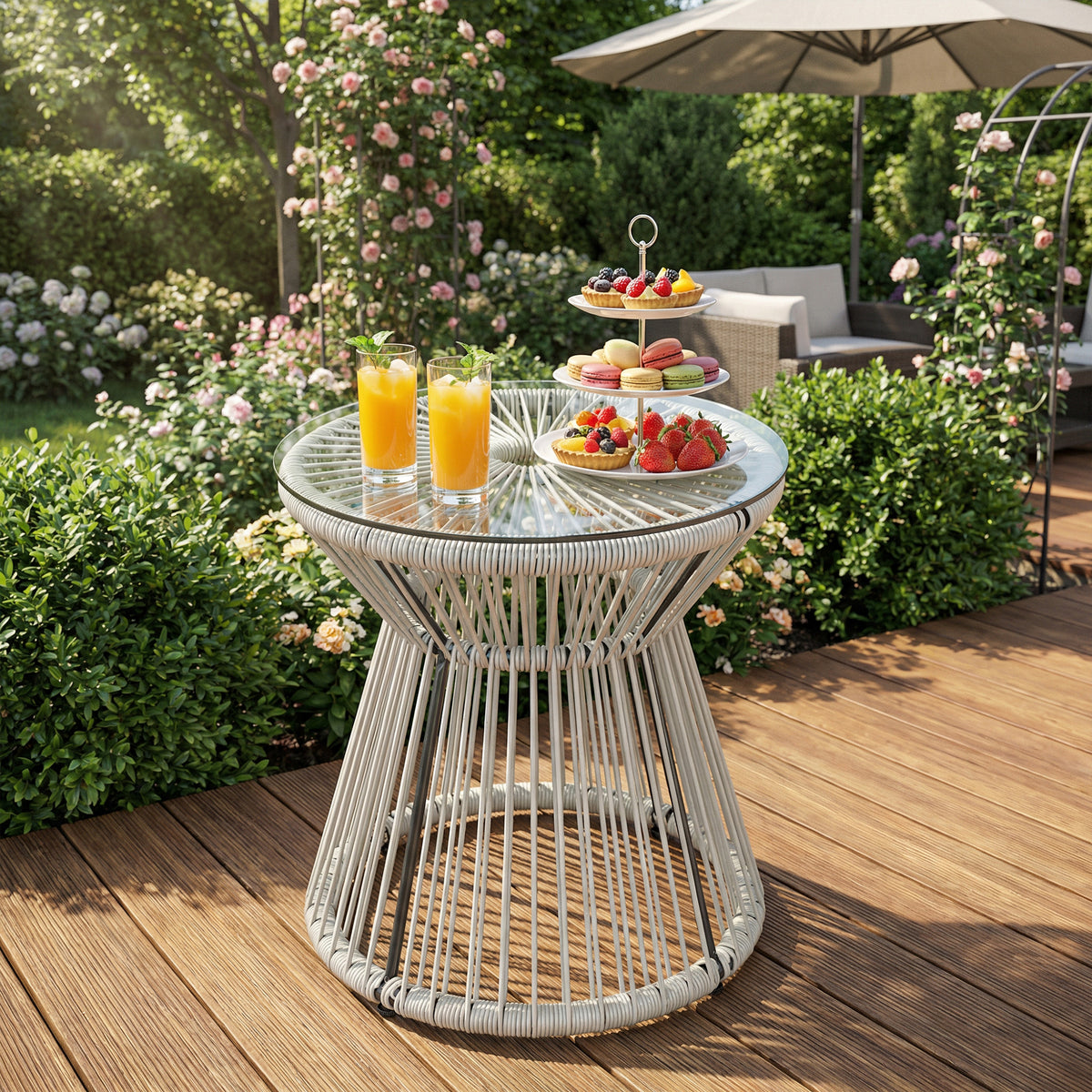 Outsunny Rattan Outdoor Coffee Table, PE Rattan Wicker Bistro Side Table with Tempered Glass Top, Light Grey