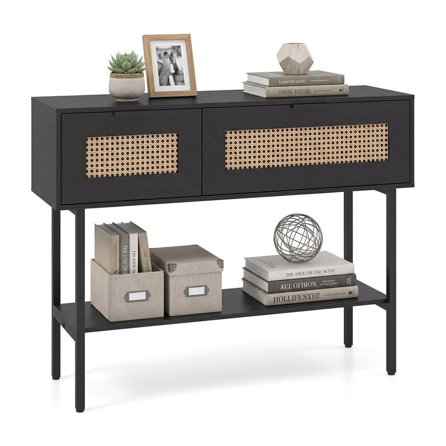 Rattan Console Table Boho Entryway Table with Flip Doors-Black with two flip doors and a lower shelf