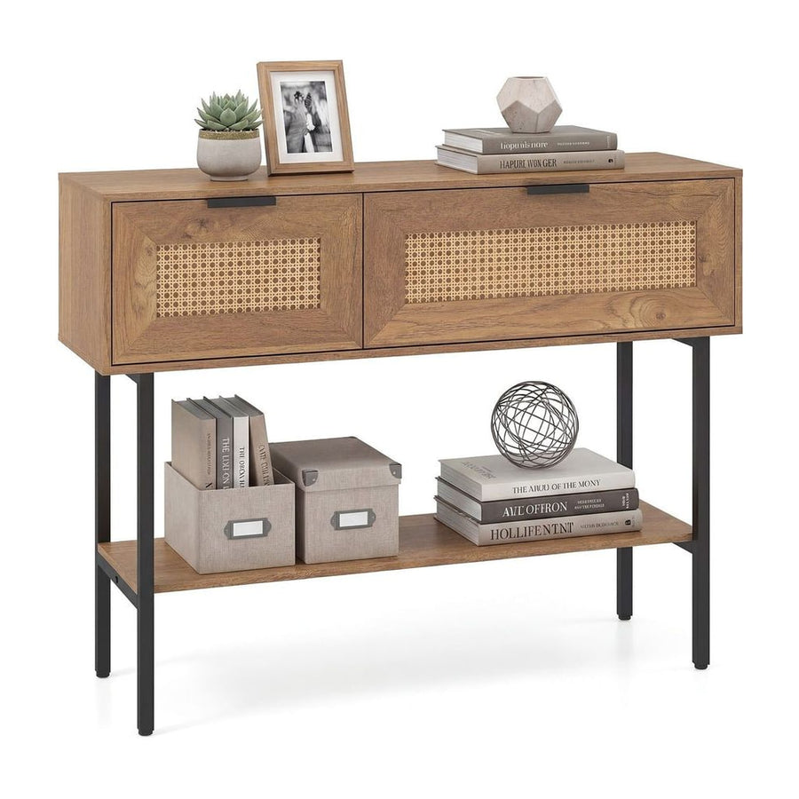 Rattan Console Table Boho Entryway Table with Flip Doors-Natural with two doors and a shelf