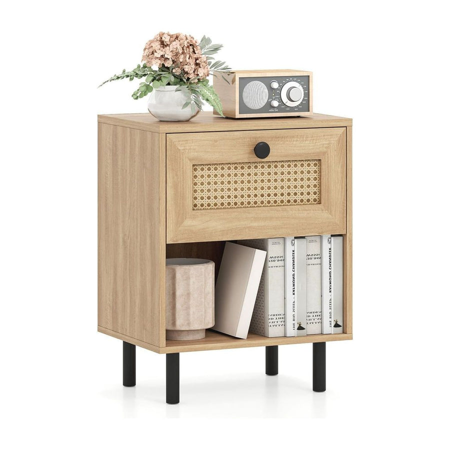 Rattan Nightstand Boho Style Bedside Table with Drawer and Open Storage Shelf-Natural