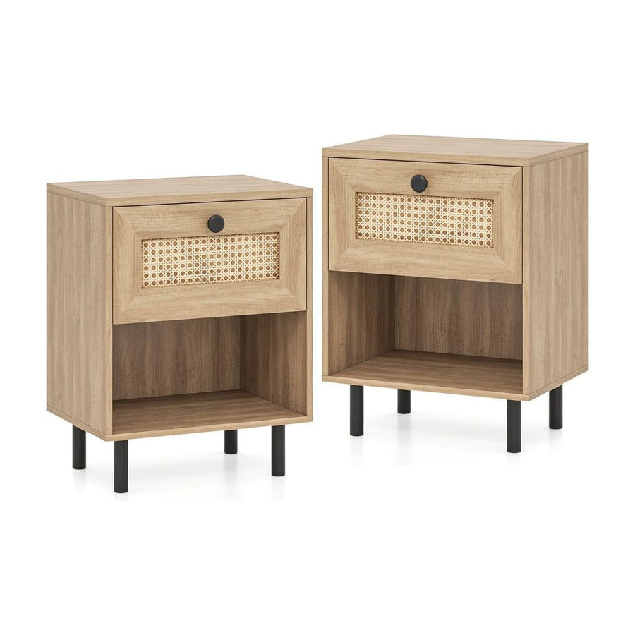 Rattan Nightstand with Drawer and Open Storage Shelf for Living Room Set of 2-Natural