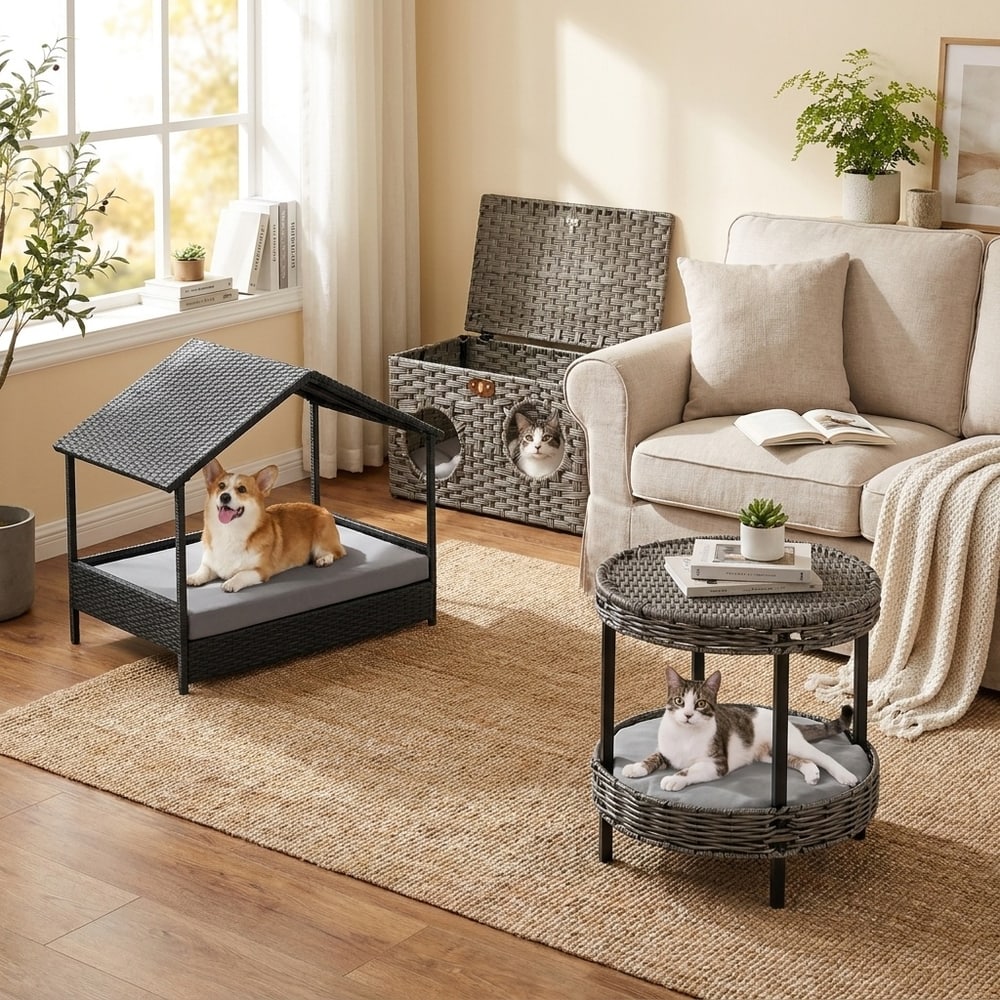 Rattan Pets Set with cat house and dog house in a living room with a sofa and a coffee table