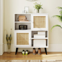 Rattan Sideboard Buffet Cabinet with 4 Cubbies and 2 Rattan-decorated Doors-White