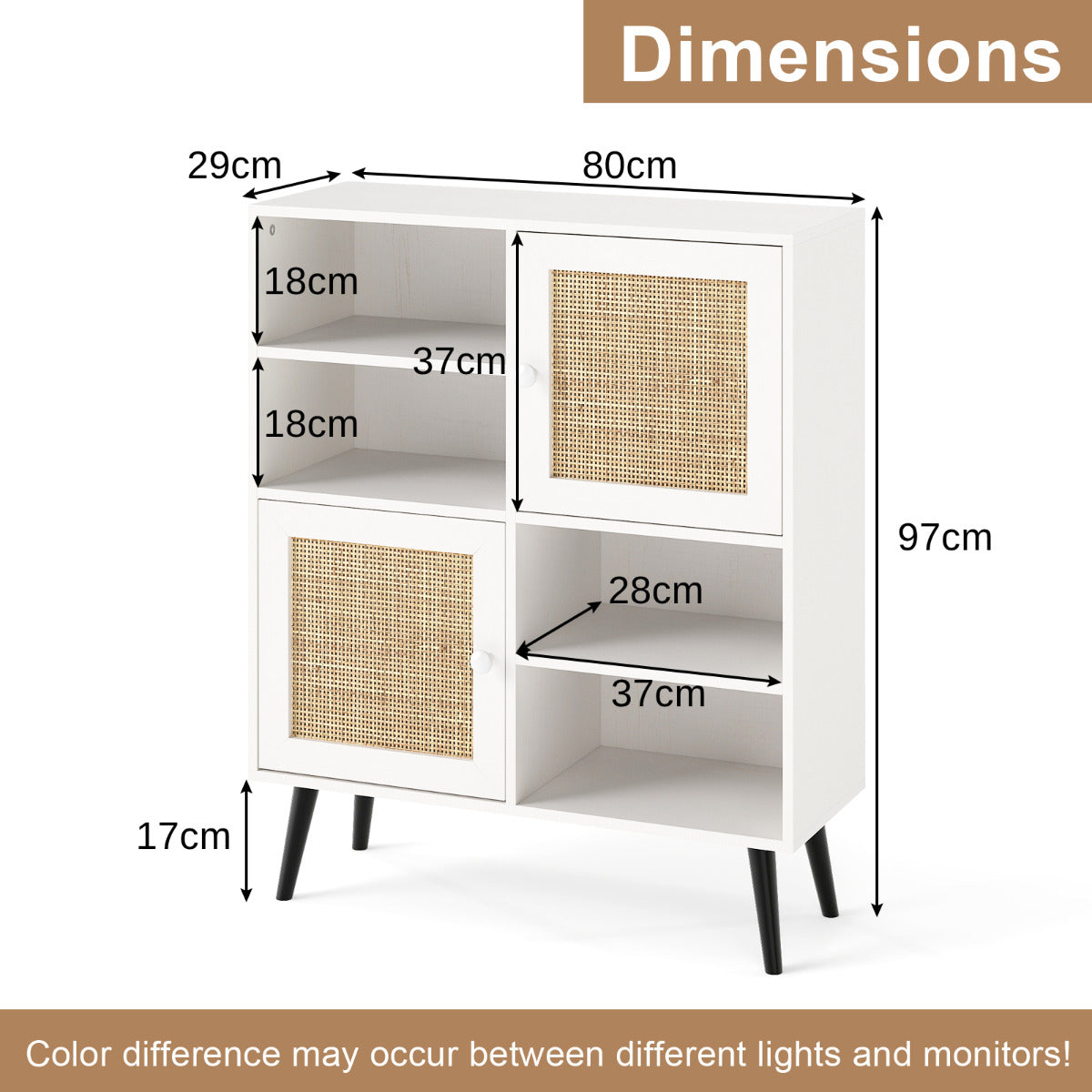 Rattan Sideboard Buffet Cabinet with 4 Cubbies and 2 Rattan-decorated Doors-White