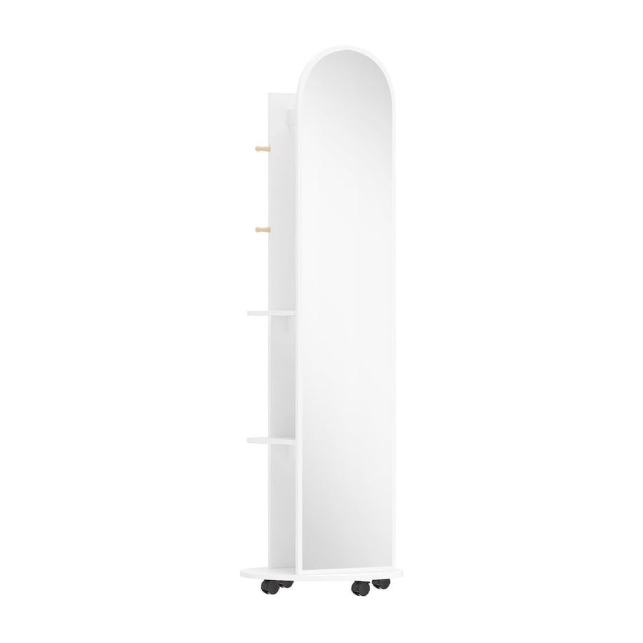 HOMCOM 2-in-1 Full Length Mirror with Storage Shelves, Floor Mirror with 4 Wheels, Coat Rack, Hooks, White