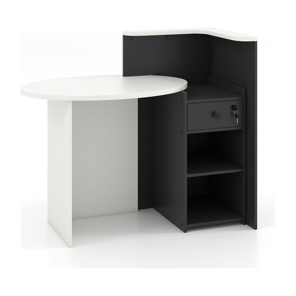 Reception Desk with a lockable drawer and adjustable shelves in black and white