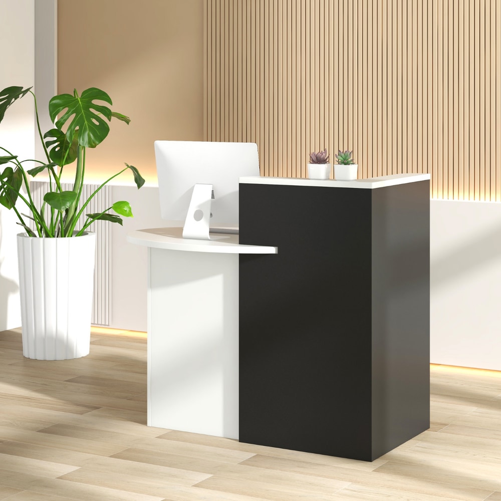 A black and white reception desk in a minimalist office space with plants