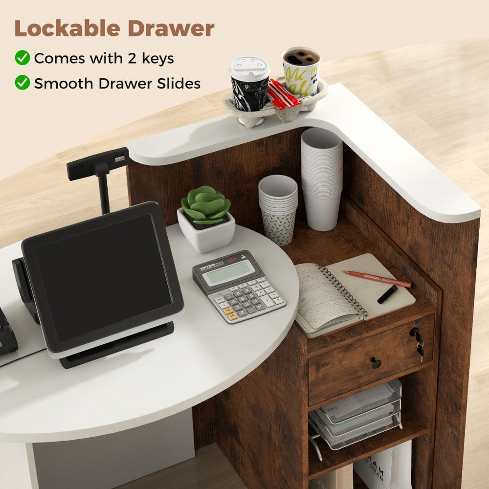 Close up of the lockable drawer and shelves on the brown office desk