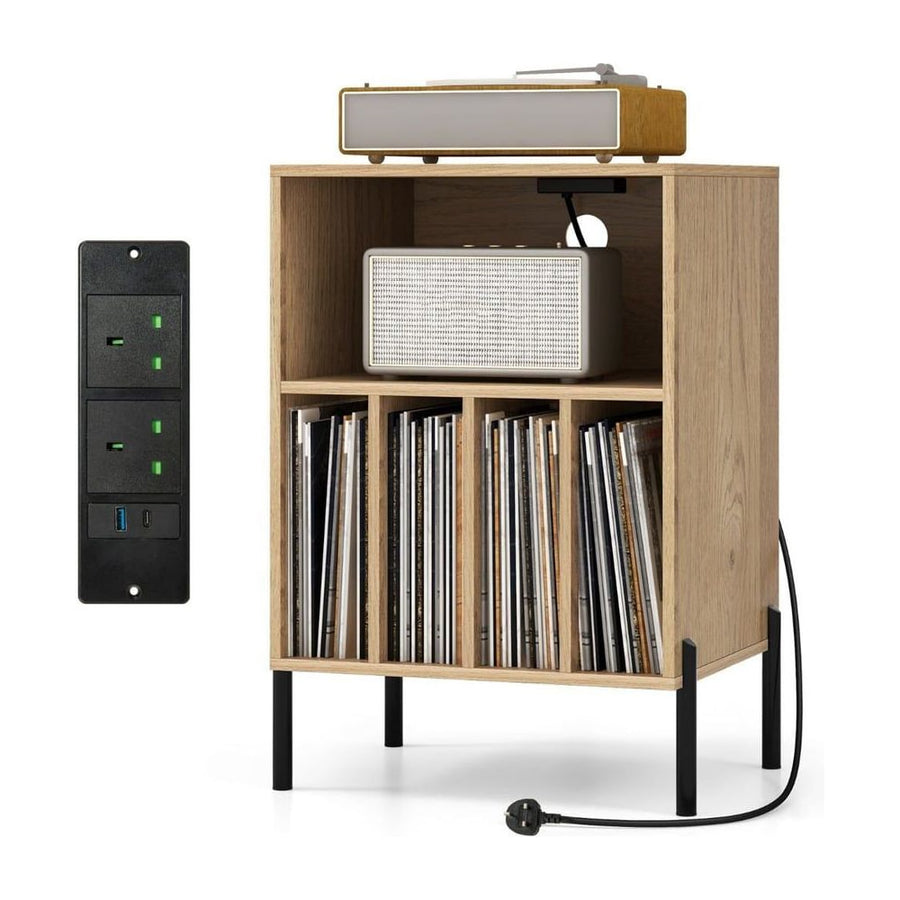 Record Player Stand with Charging Station and 5 Storage Compartments-Natural