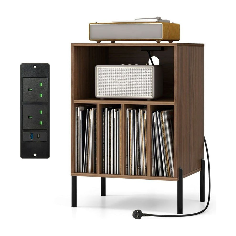 Record Player Stand with Charging Station and 5 Storage Compartments-Walnut