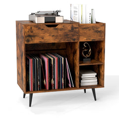 Record Player Stand with Built-In Power Strip and 3 Dividers-Rustic Brown
