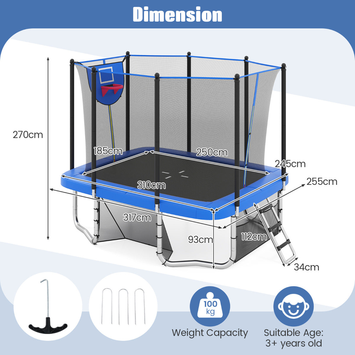 Rectangle Outdoor Trampoline 317 x 255 cm Backyard Trampoline-Blue