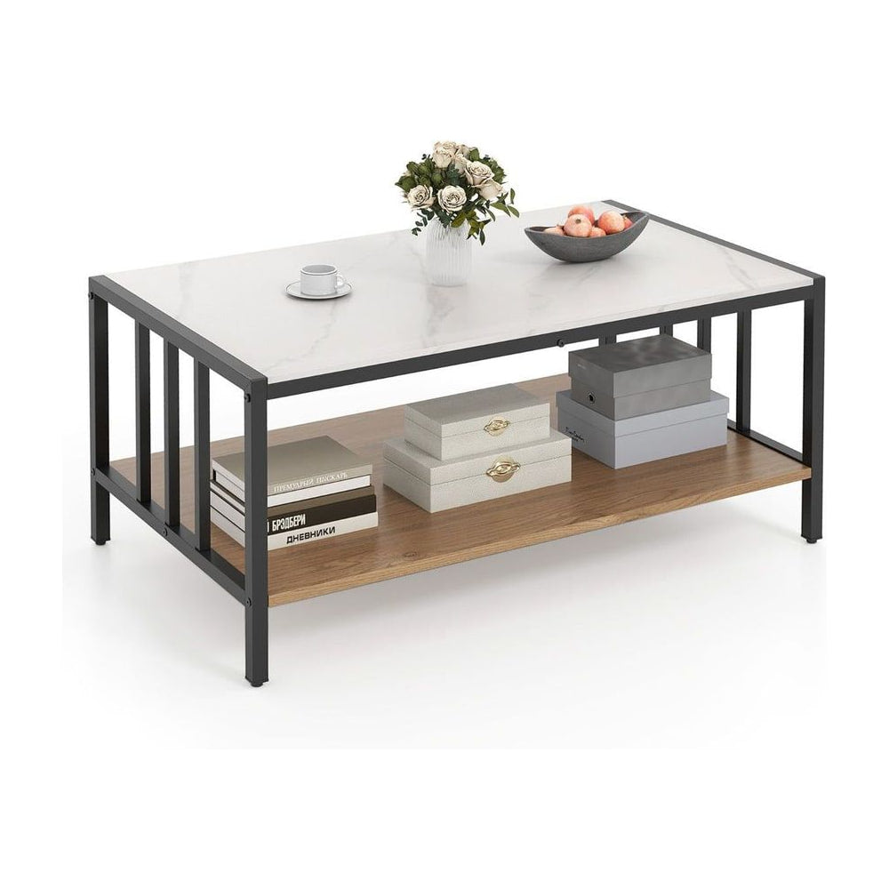 Rectangular Center Table with Sintered Stone Tabletop with a white marble effect top and wooden shelf