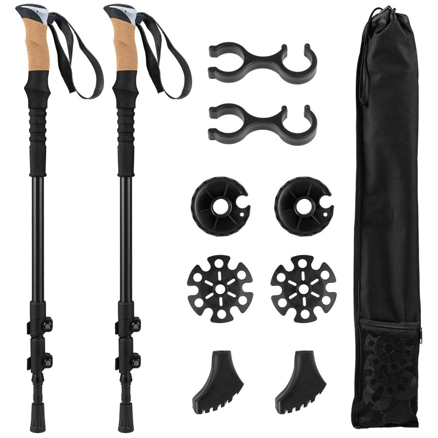Retractable Hiking Poles Pair of 2 with EVA and Natural Cork Grips-Black, showing the poles and accessories