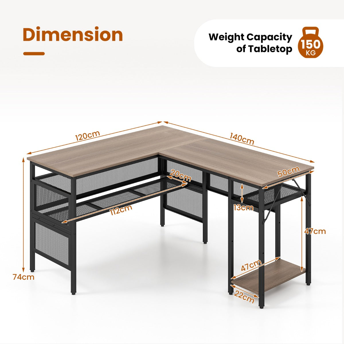 Reversible L-Shaped Computer Desk with CPU Stand in Grey