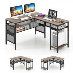 Reversible L-Shaped Computer Desk with CPU Stand in Grey