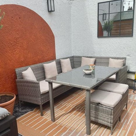Outsunny 6-Seater Rattan Dining Set Sofa Table Footstool Outdoor w/ Cushion Garden Furniture