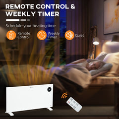 The electric convector heater with a remote control and text about scheduling and quiet operation