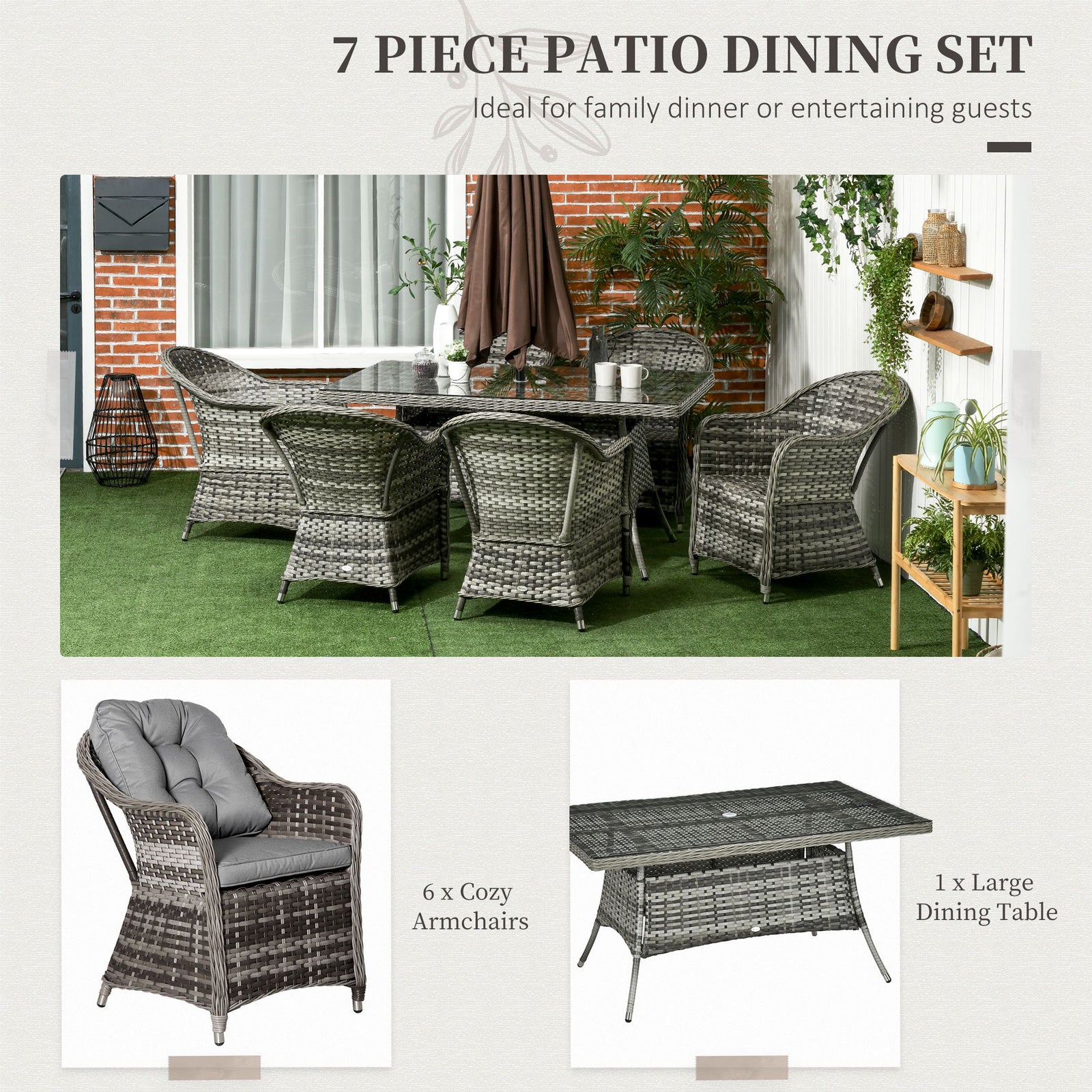 Outsunny Seven-Piece Rattan Dining Set with Tempered Glass Table Top and Parasol Hole - Grey