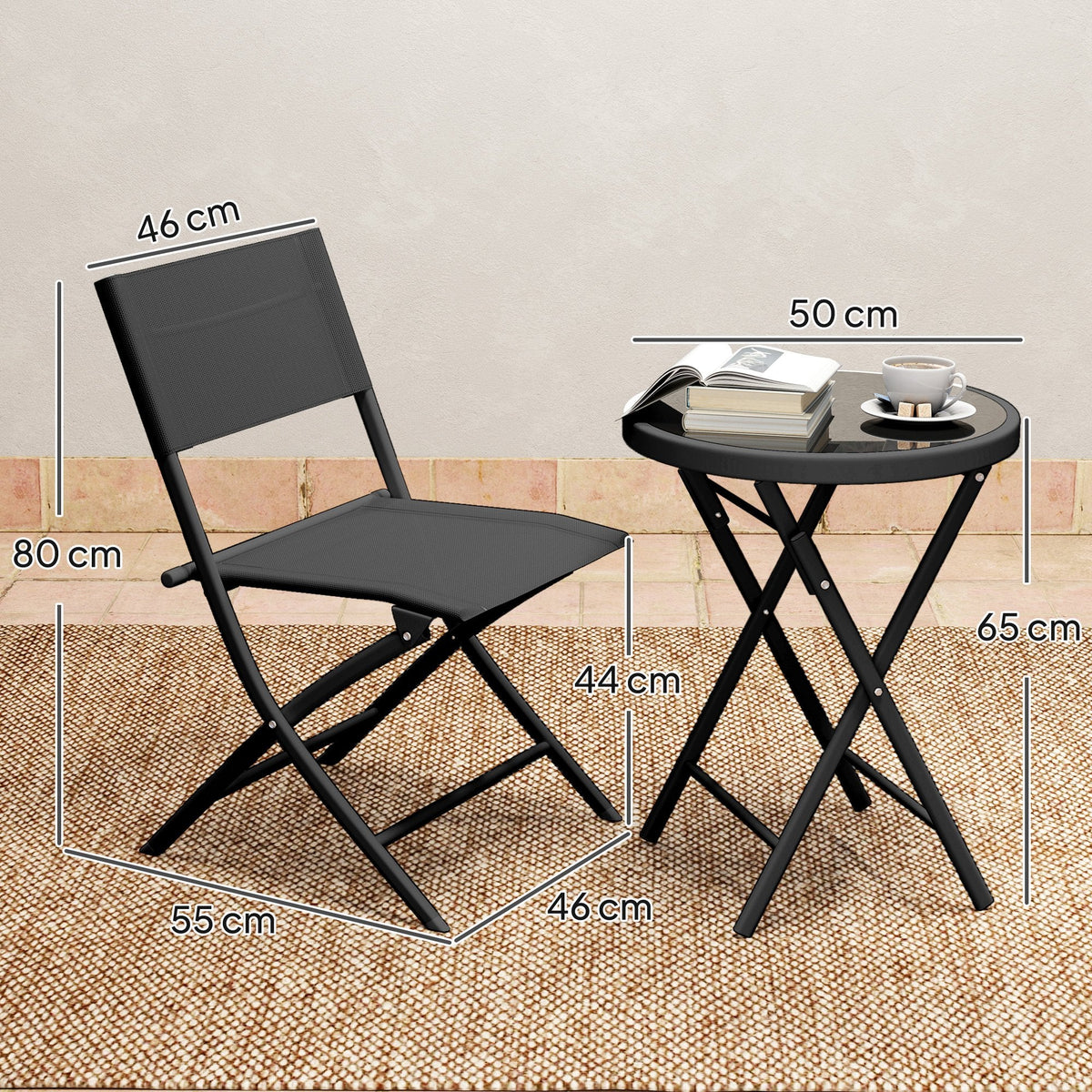 Outsunny 3 Pieces Outdoor Bistro Set, Glass Top Outdoor Table and 2 Folding Chairs with Protecting Feet, Black