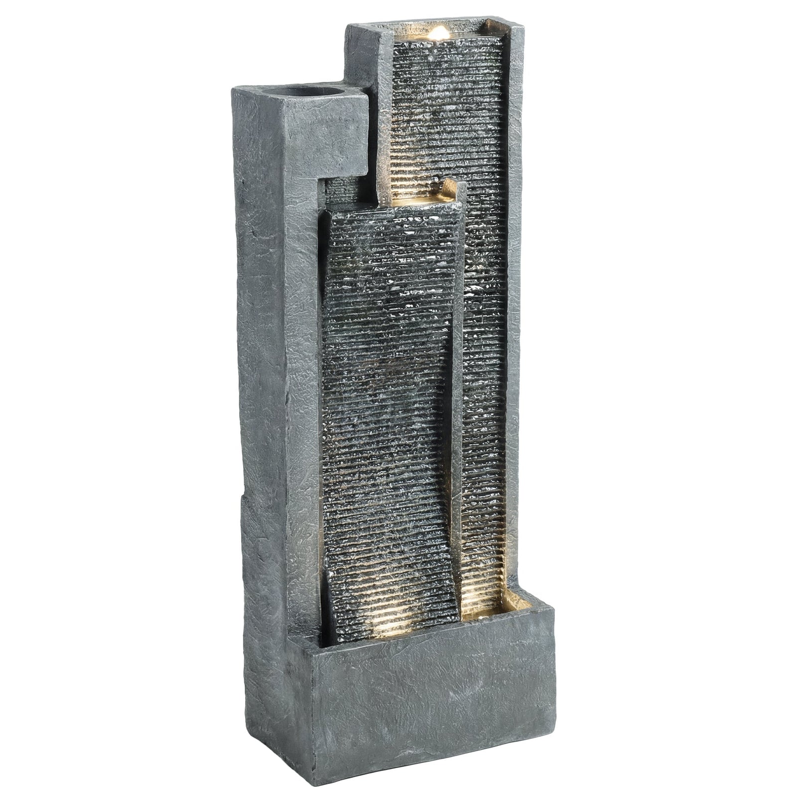 Outsunny Water Feature with LED Lights and Planter, 3-Tier Garden Water Fountain with Pump, Resin Waterfall Feature, Dark Grey
