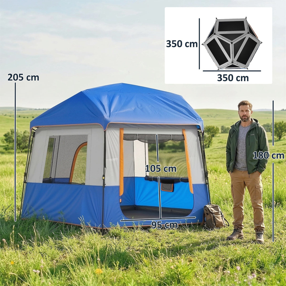 Outsunny Cabin Tent Easy Setup 3000mm Waterproof Camping Tent 4 Person with Carrying Bag Blue