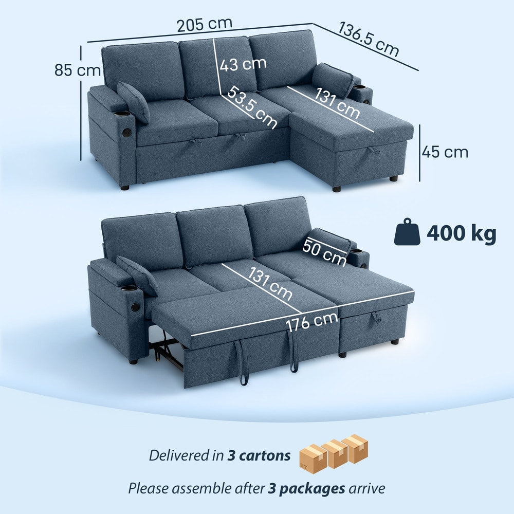 HOMCOM Corner Sofa Bed, L Shaped Sleeper Sectional Sofa with Reversible Storage Chaise, Blue - product image 3
