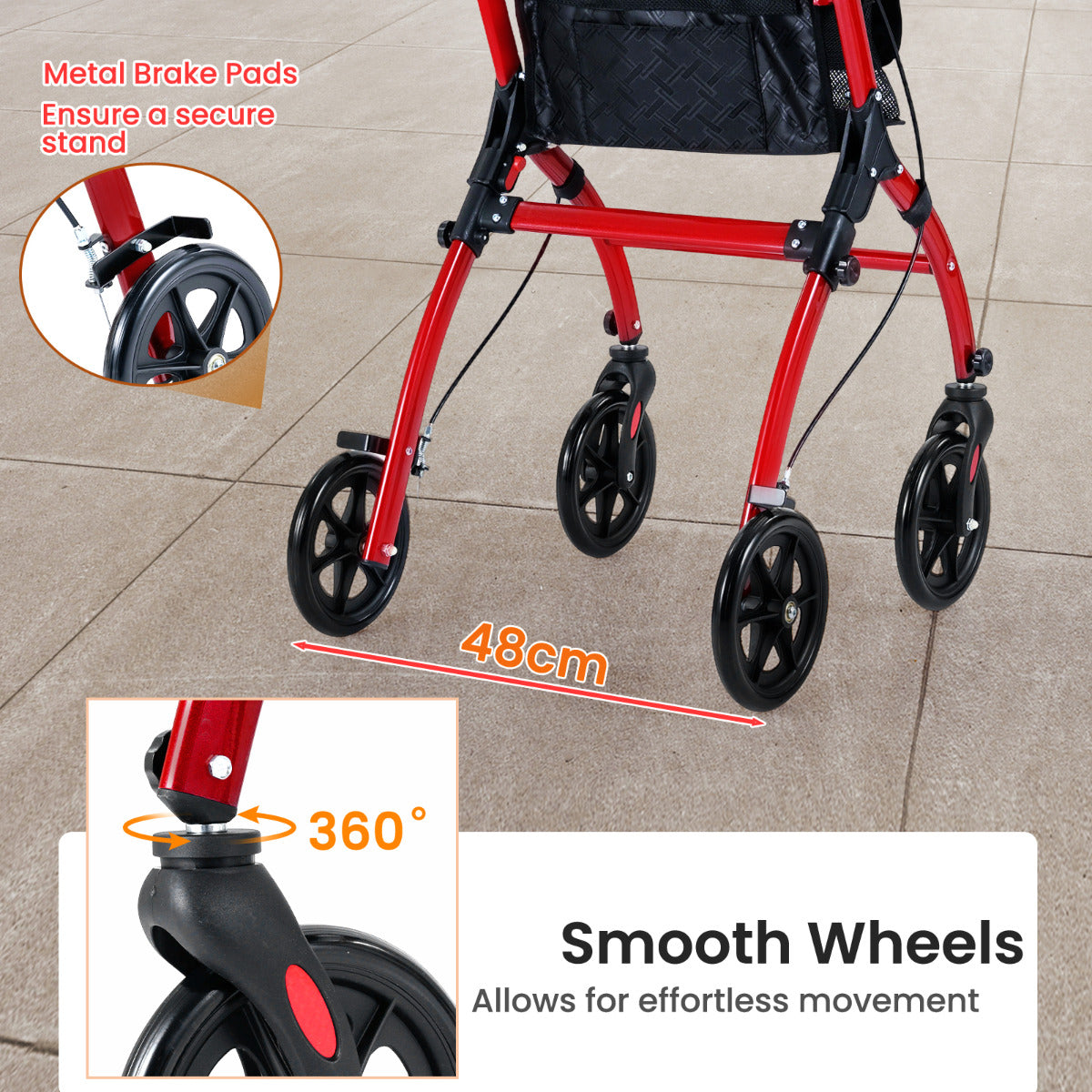 Rollator Walkers Lightweight Foldable Rolling Walker with Tray for Seniors-Black & Red
