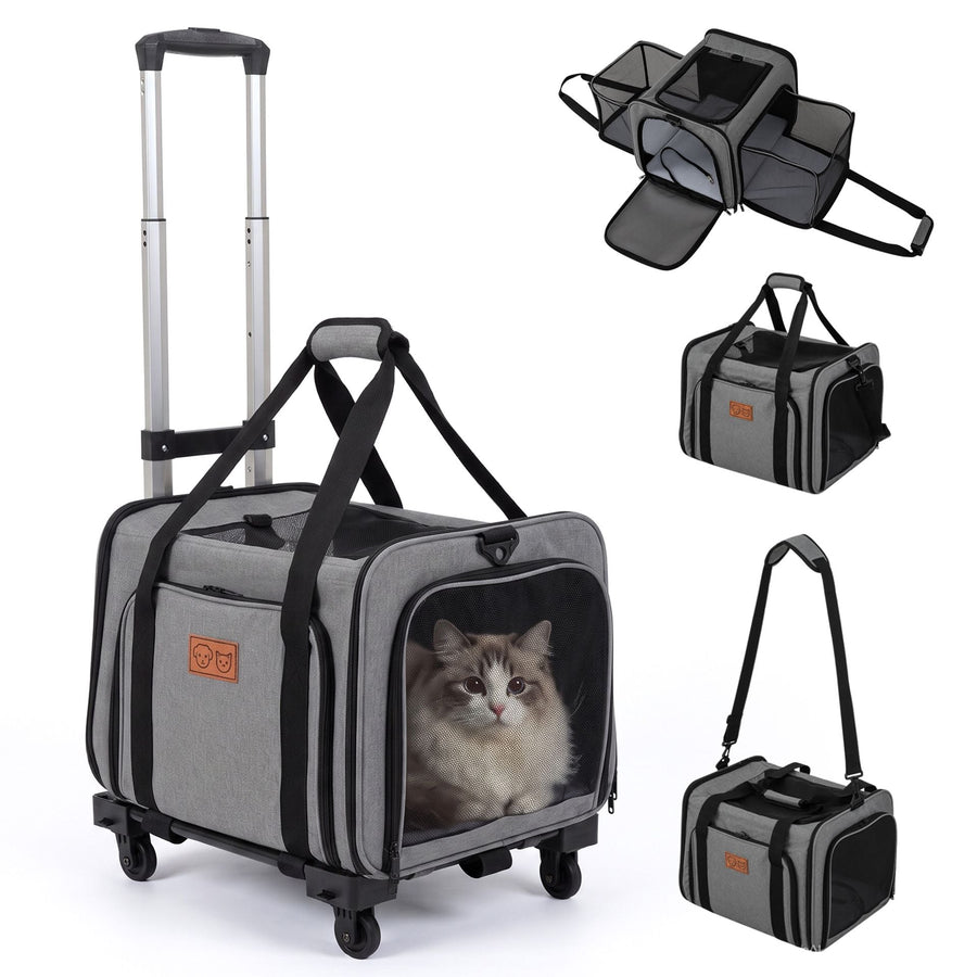 Rolling Cat Carrier with Wheels and Telescopic Handle in Grey