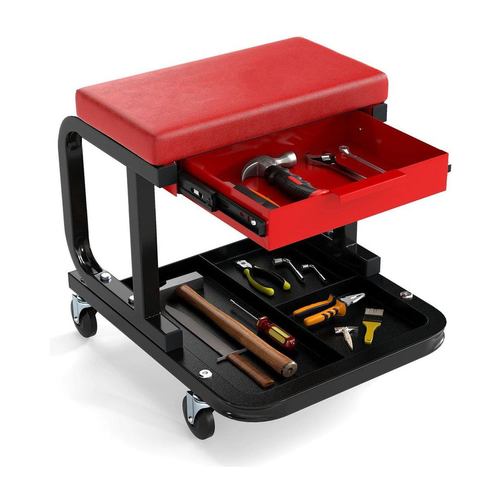 Rolling Creeper Seat with a red padded seat and a pull-out drawer filled with tools