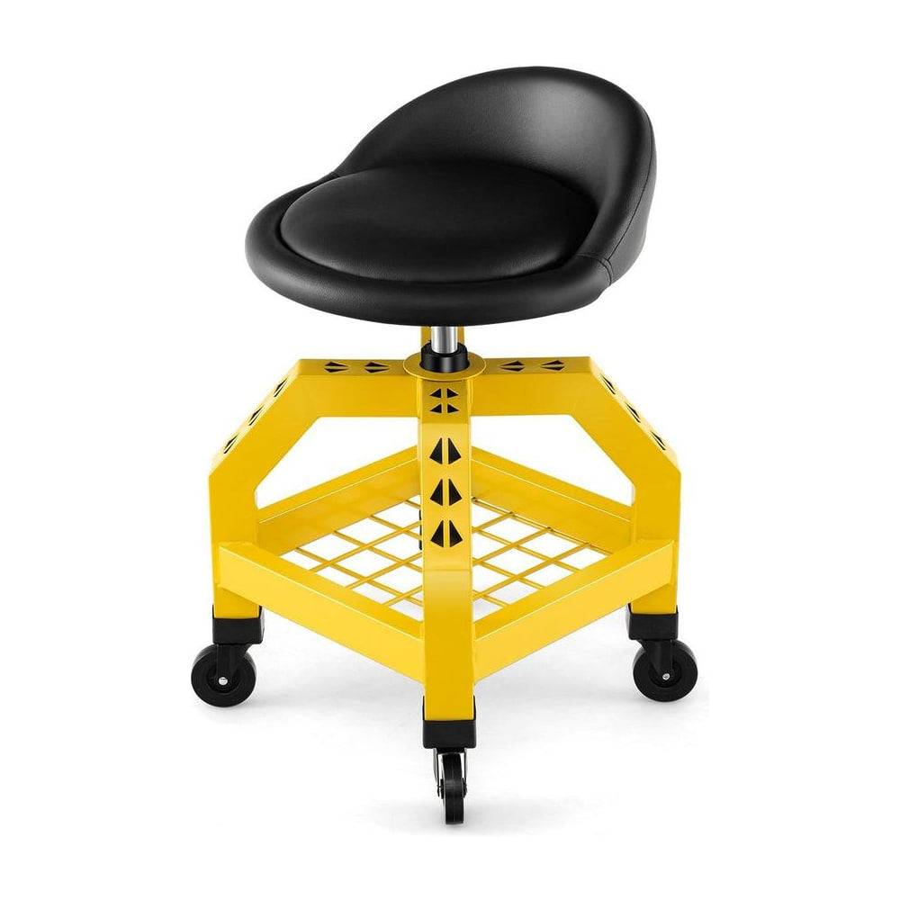 Rolling Seat Mechanic Stool Chair Height Adjustable with Tool Tray-Yellow, a yellow stool with a black seat and wheels