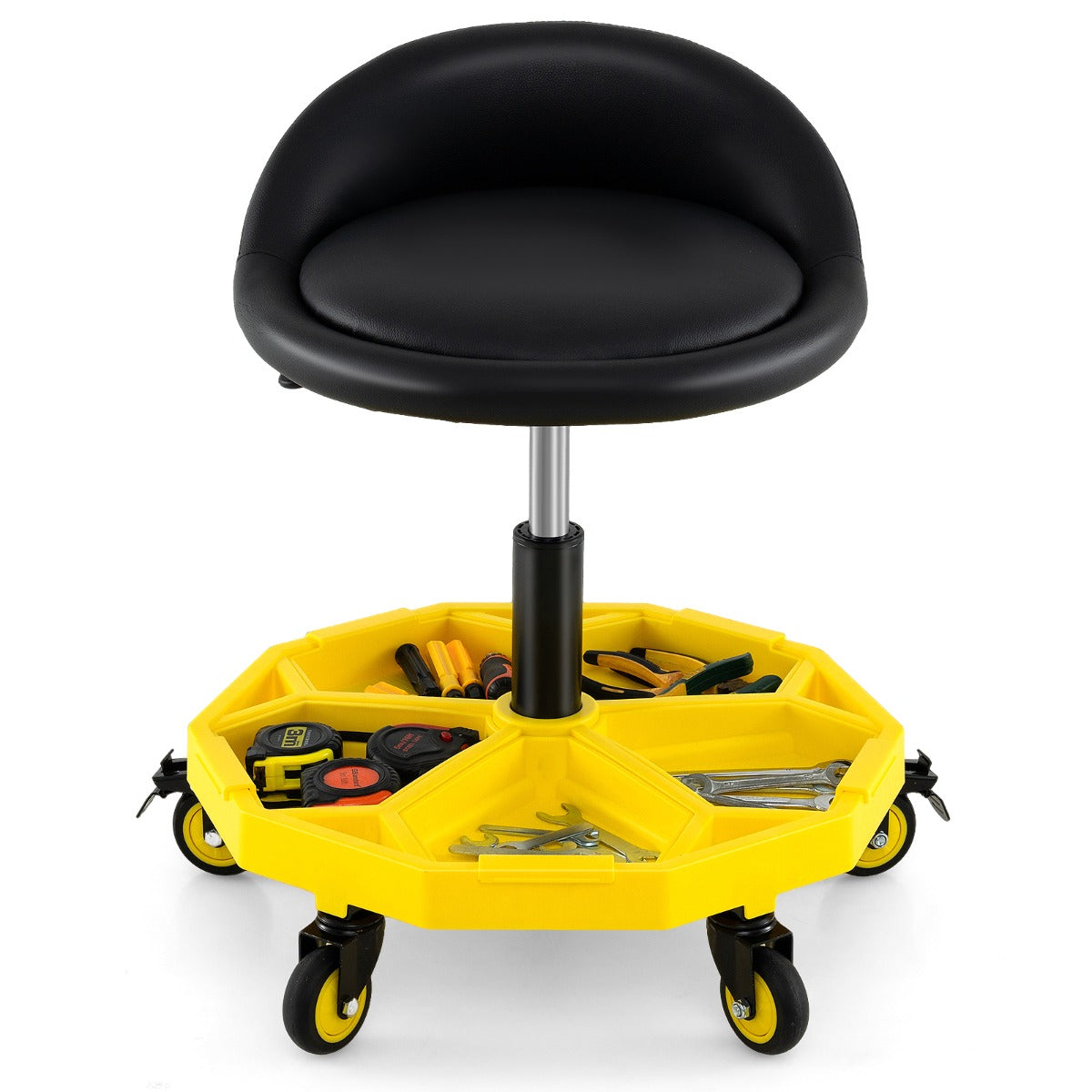 Close-up of the yellow tool tray on the rolling garage stool filled with tools