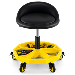 Close-up of the yellow tool tray on the rolling garage stool filled with tools