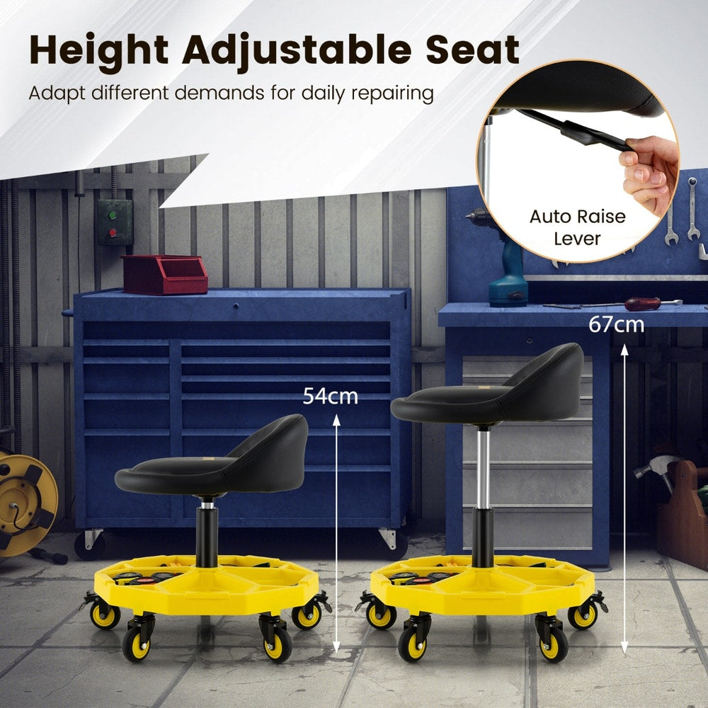 The rolling garage stool shown at its lowest and highest height settings