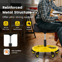 The reinforced metal structure of the rolling garage stool highlighted