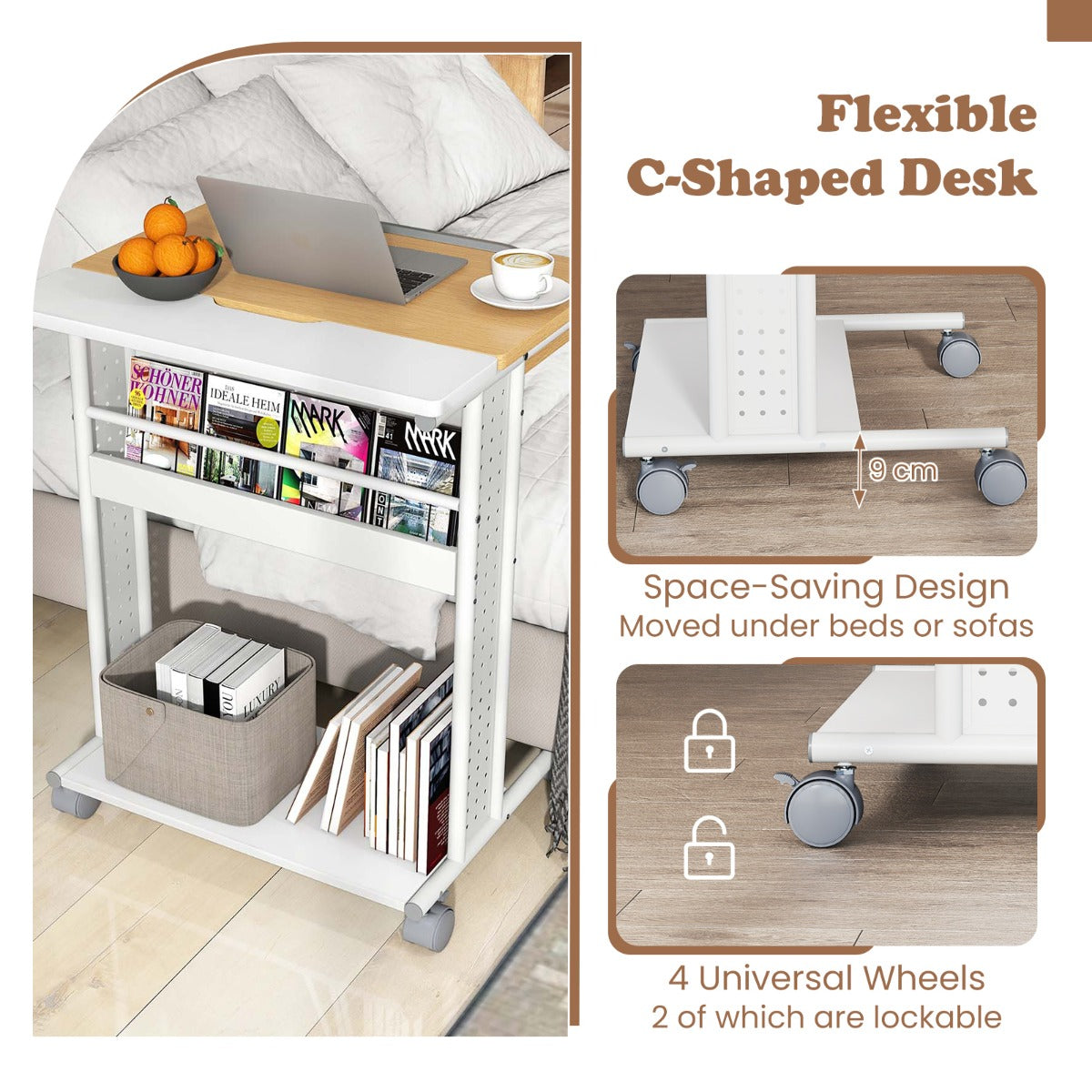 Rolling Portable Desk Laptop Desk C-Shaped Computer Cart-Natural