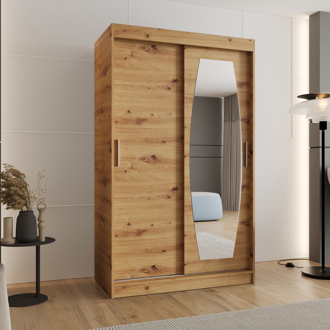 Rossa Sliding Door Wardrobe 120cm in a wood effect finish with a mirrored door