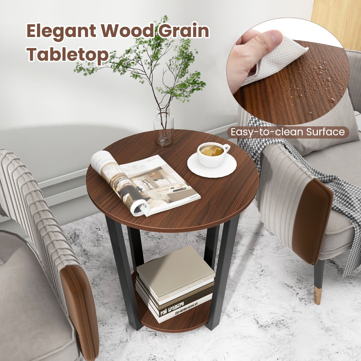 2-Tier Accent Side Table with Open Shelf-Walnut